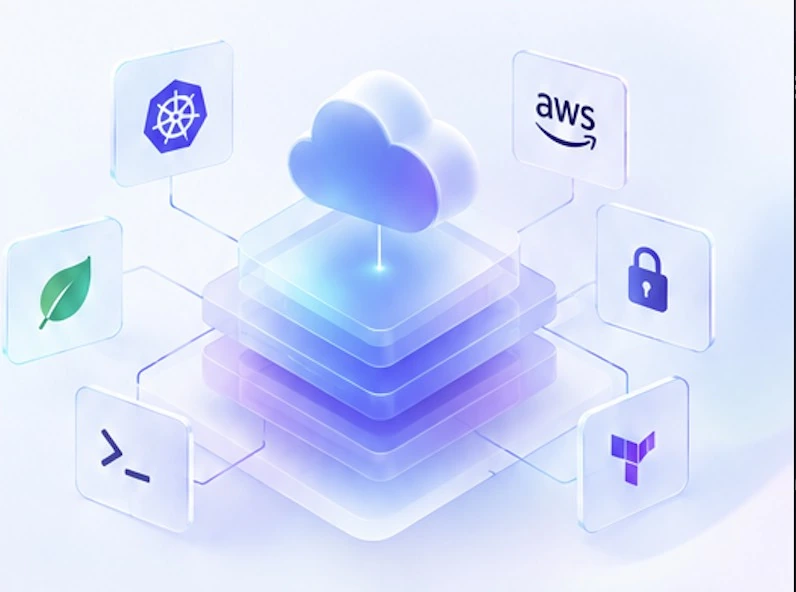 Isometric glass stack of infrastructure layers with a cloud, surrounded by Kubernetes, AWS, green DevOps, security, terminal and Terraform tiles